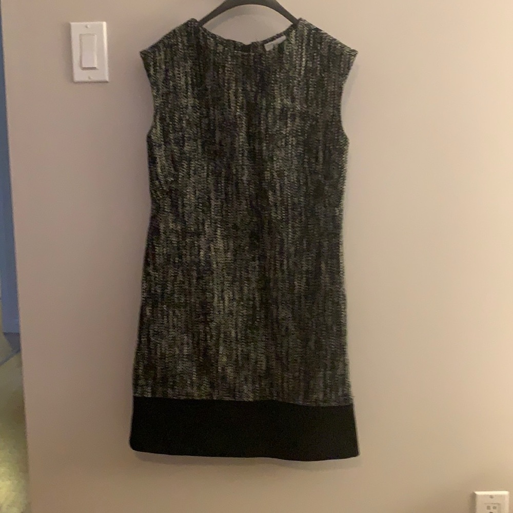 Black and white dress with black suede trim